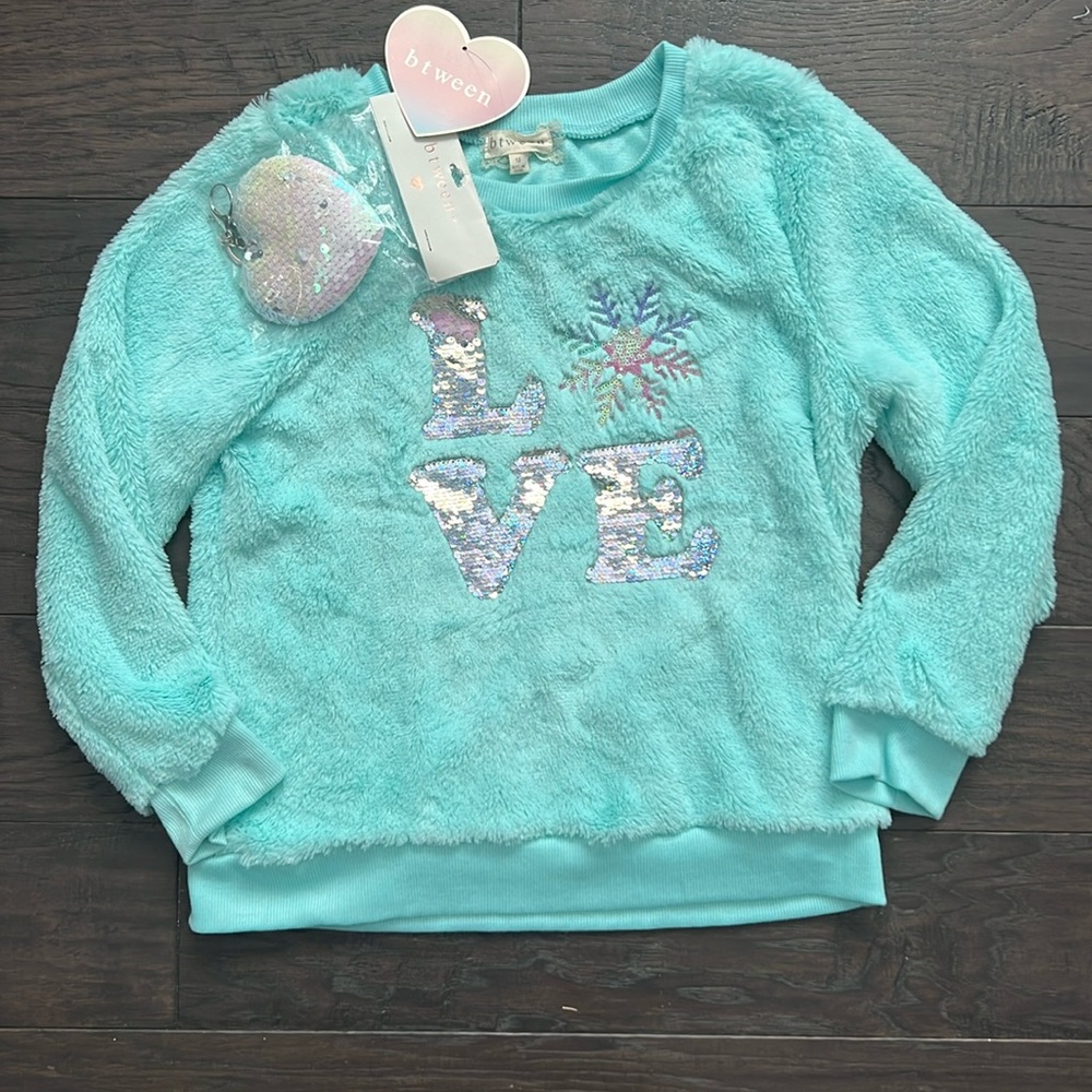 Btween, Girls Fluffy pullover, w/ matching keychain, teal, LOVE, size 12
